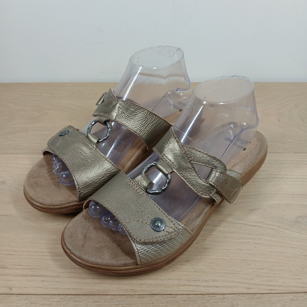Earth Origins Women's 9 Metallic Gold Leather Adjustable Slide Sandals Comfort